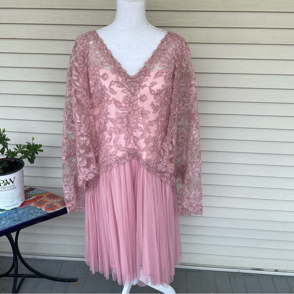 TADASHI SHOJI Embroidered Lace Cape Dress in Rose Quartz (Altered)